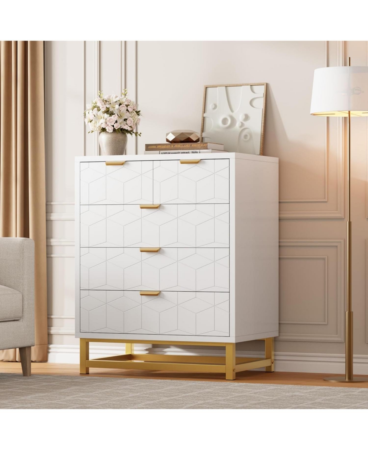 gaomon Modern Drawer Wide Dresser Chest, Gold Metal Legs & Handles