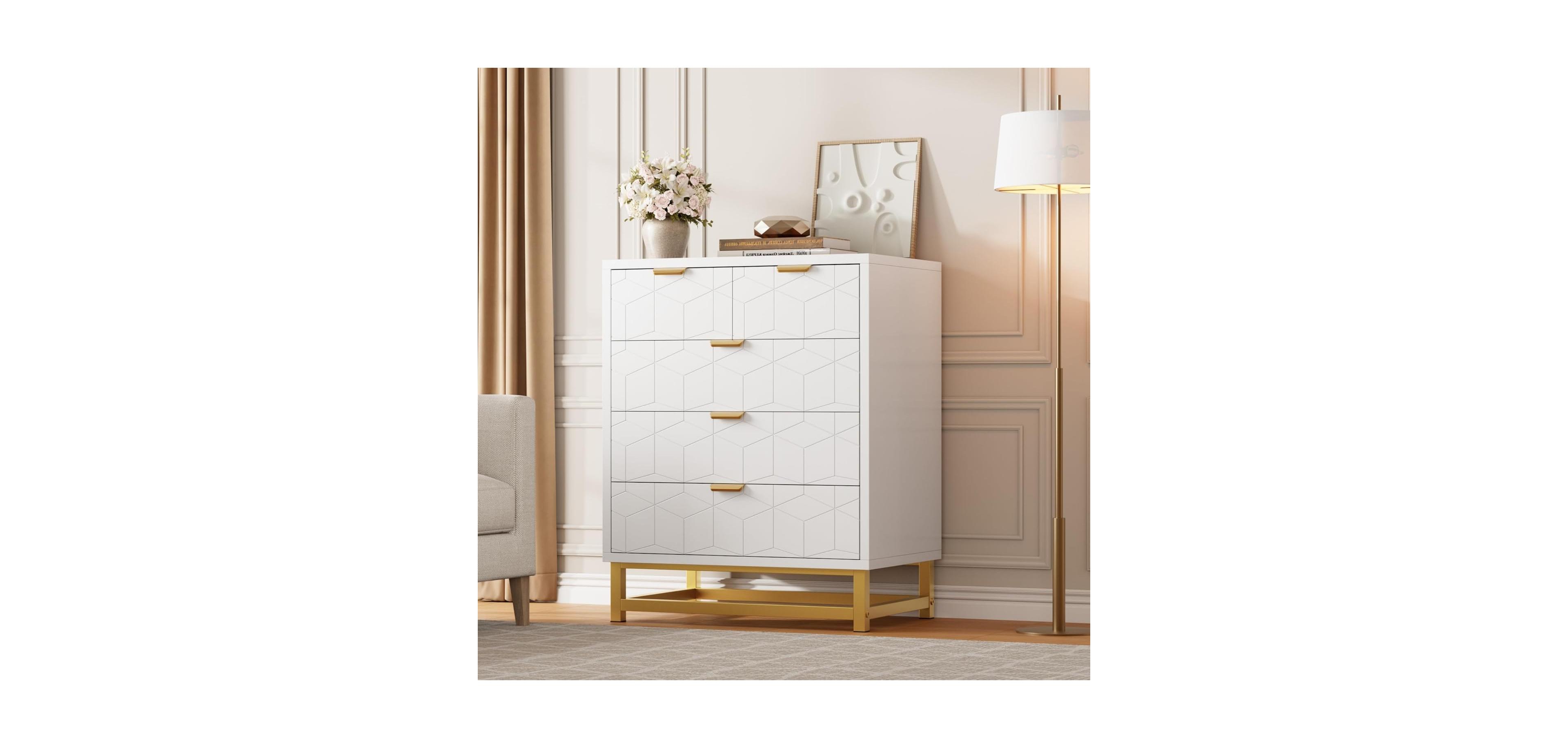 gaomon Modern 5 Drawer Wide Dresser Chest, Gold Metal Legs & Handles
