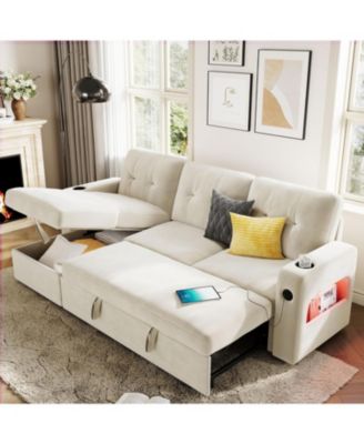 84" Sleeper Sofa with Storage and Charging Station, Convertible Sectional Couch Bed with LED Lights, Reversible Chaise, Pull Out Sofa Bed