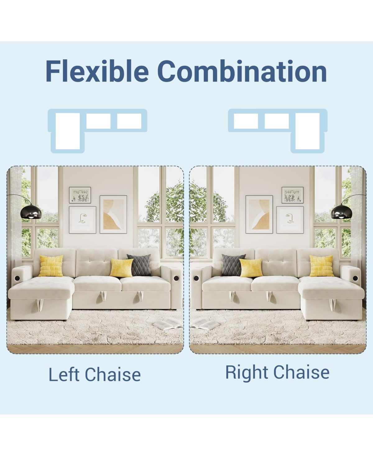 gaomon 84" Sleeper Sofa with Storage and Charging Station, Convertible Sectional Couch Bed Led Lights, Reversible Chaise, Pull Out