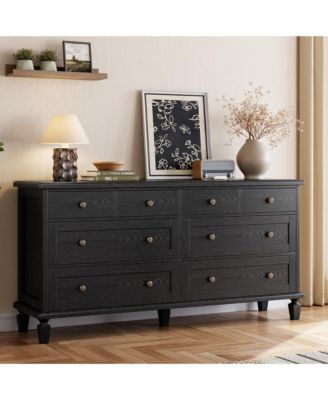 Bedroom 59" 8-Drawer Dresser TV Stand, Wood Storage Chest with Carved Handles and Tapered Legs.