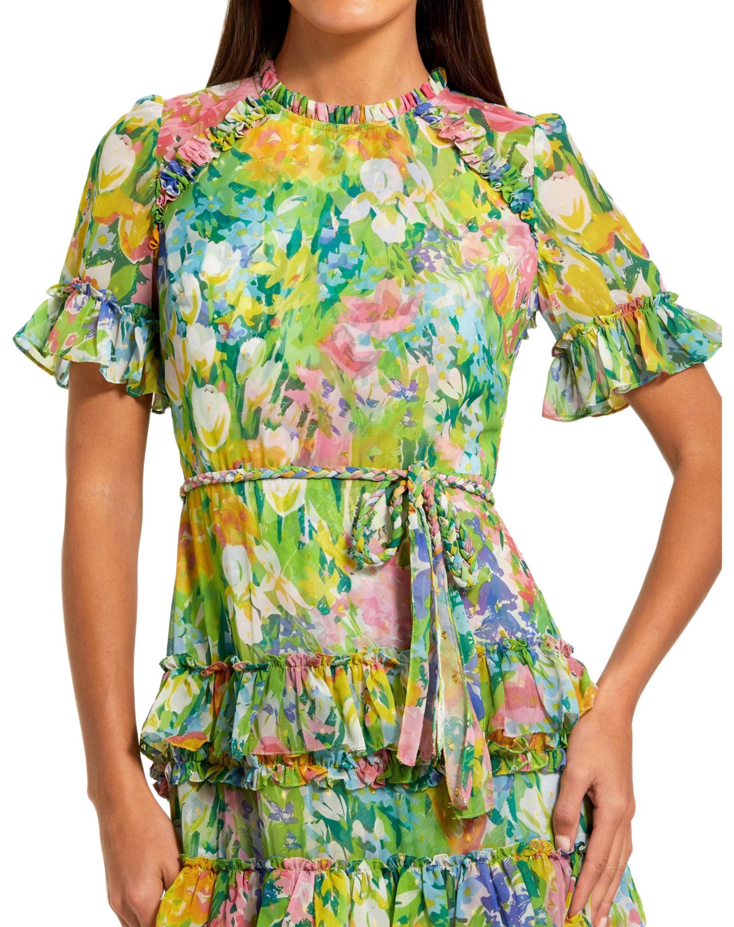 Petite Green Ruffle Tiered Chiffon Floral Dress