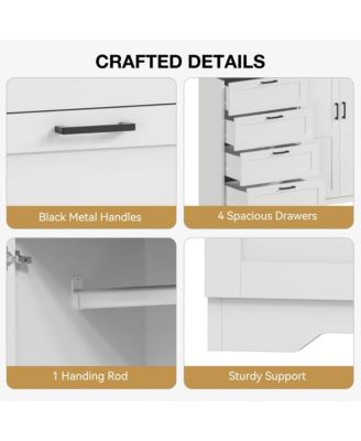 Bedroom Armoire Wardrobe Closet with 4 Drawers and 2 Doors, Wooden Storage Cabinet with Hanging Rod.