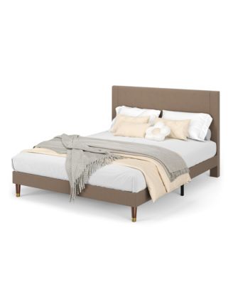 upholstered platform bed with headboard, modern low profile design, sturdy metal frame, wood slats, noise free, no box spring, easy assembly.
