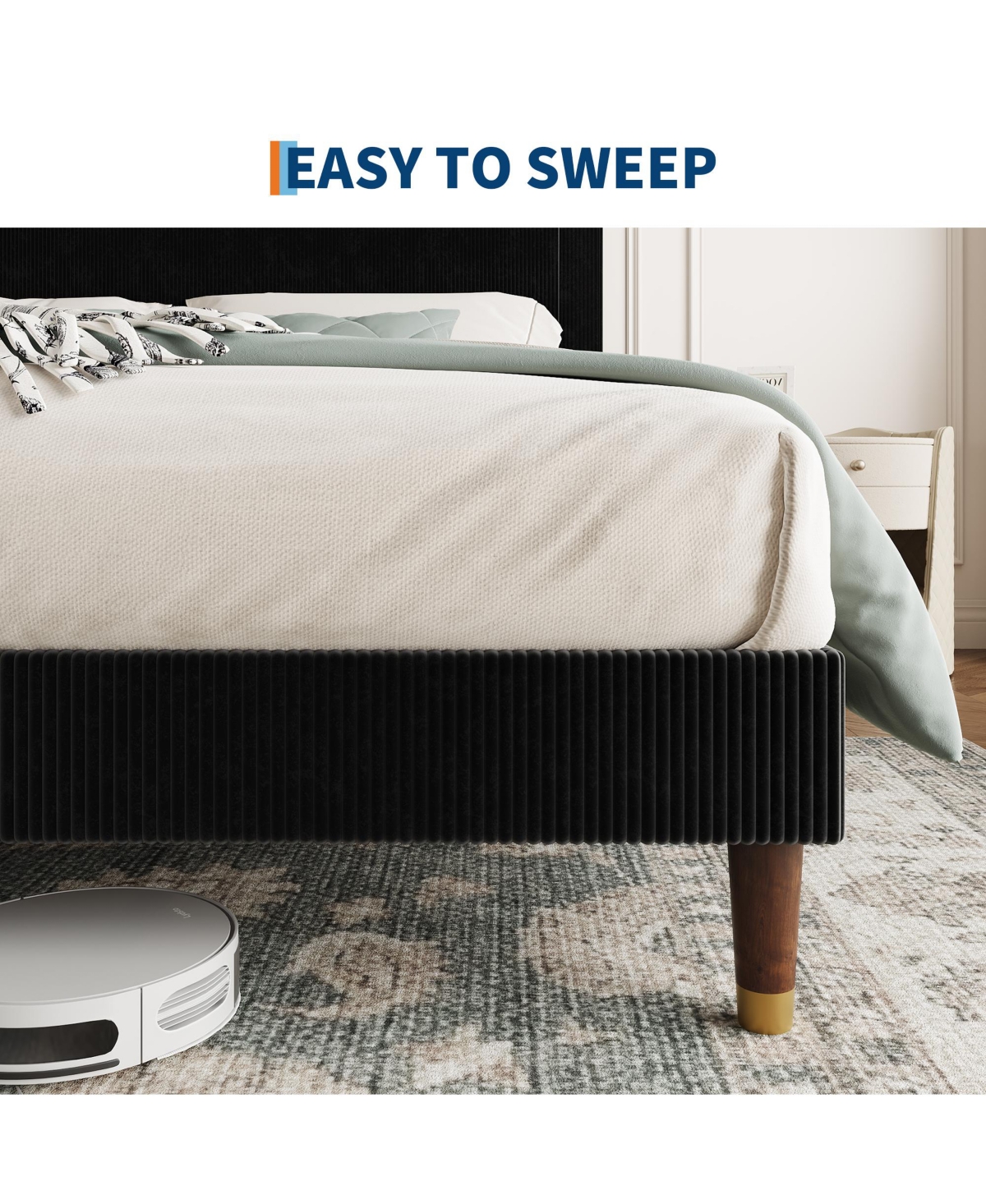 Homfan upholstered platform bed with headboard, modern low profile design, sturdy metal frame, wood slats, noise free, no box spring