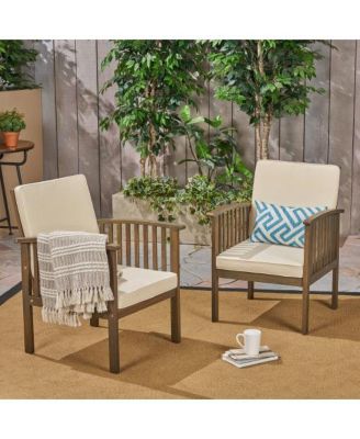 Outdoor Acacia Wood Conversation Set 2 Club Chairs with Foldable End Table Grey Finish Cream Cushion for Garden Patio Deck