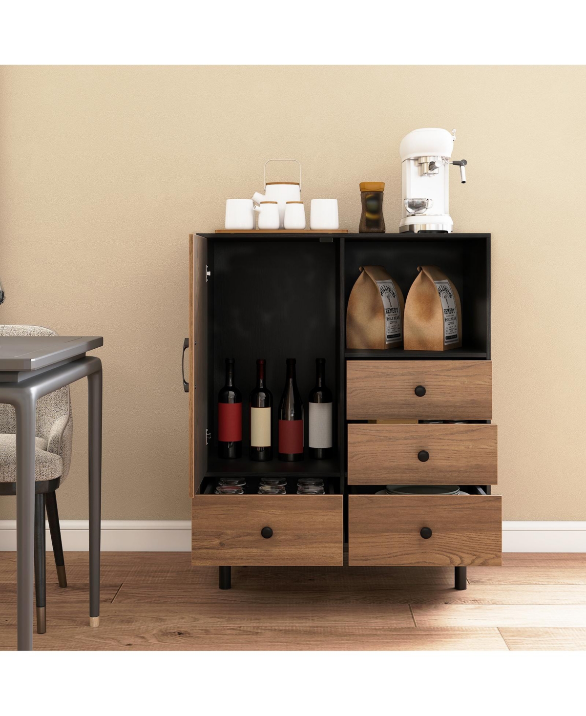 Gouun Mid Century Buffet Sideboard with 4 Drawers and Open Compartment