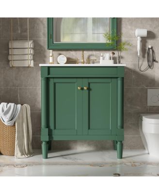  Bathroom Vanity with Ceramic Sink, Modern White Freestanding Cabinet, Soft Closing Doors and Adjustable Shelf for Small Spaces-Sillysis