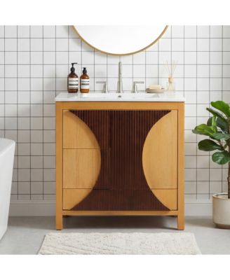 Mid Century Modern Bathroom Vanity with Sink Freestanding Wood Cabinet 3 Drawers Soft Close Door Two Tone Fluted Panel Design