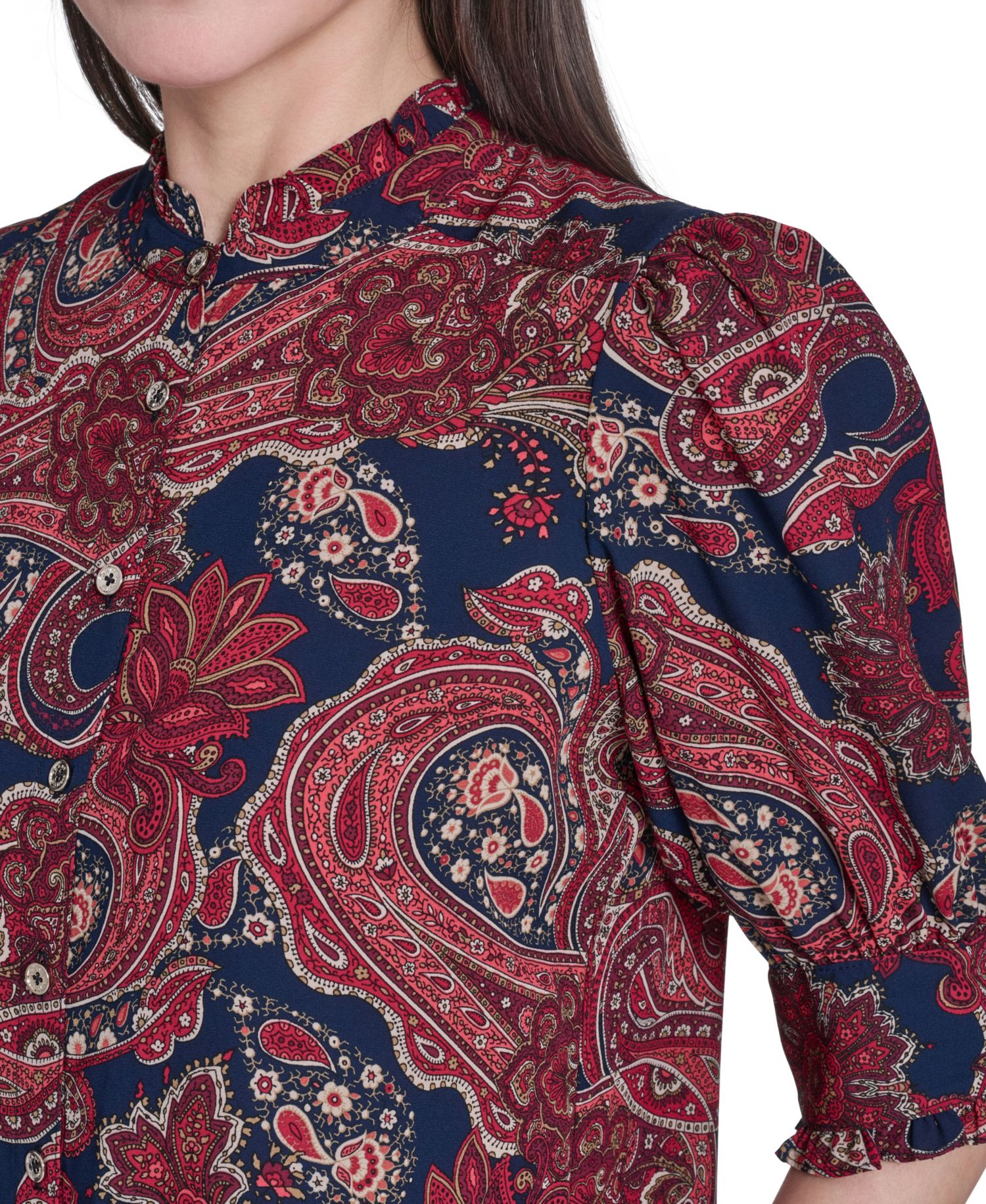 Women's Paisley Print Ruffle Neck Button Up Blouse
