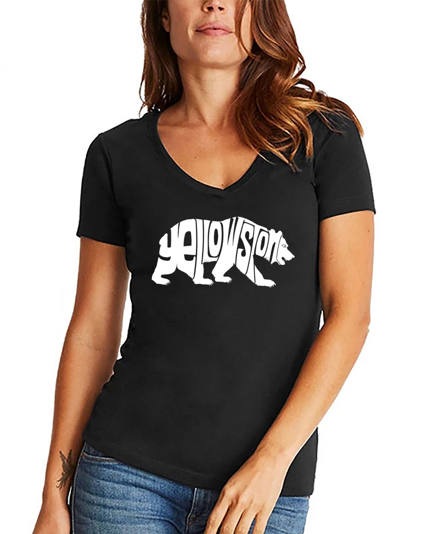Women's Yellowstone Bear Word Art V-Neck T-Shirt