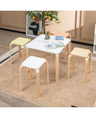 Set of 4 Colorful Square Wooden Stools with Anti-Slip Felt Mats