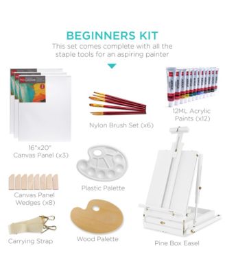 French Easel, 32pc Beginners Kit Portable Wooden Adjustable Tripod  w/ Paint Supplies