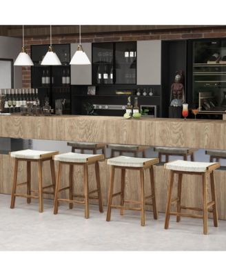 Set of 4 Saddle Bar Stools 25.5'' Counter Height Dining Stools w/ Seaweed Woven Seat