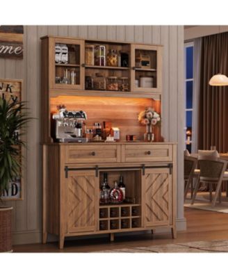 Sliding Barn Door High Bar Cabinet Farmhouse, Large Kitchen Buffet with Hutch Wine Storage