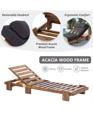 78.8'' Outdoor Chaise Lounge Chair, Acacia Wood Reclining Chair with Headrest, Retractable Side Tray and Adjustable Backrest for Beach