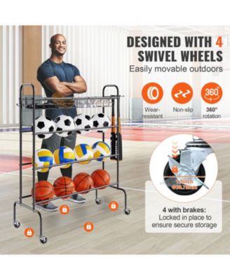 4-Tier Rolling Basketball Rack with Wheels, Hooks & Baskets, Sports Equipment Storage Organizer for Garage, Balls & Gear