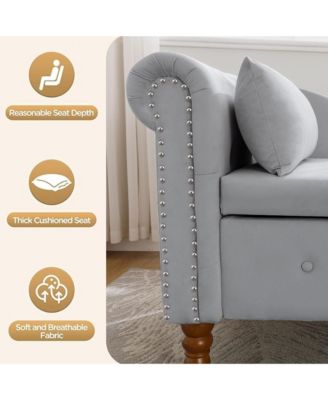 Velvet Upholstered Chaise Lounge Chair, Modern Rolled Armrest Accent Chair with Hidden Storage, Nailhead Trim and Pillow for Living Room