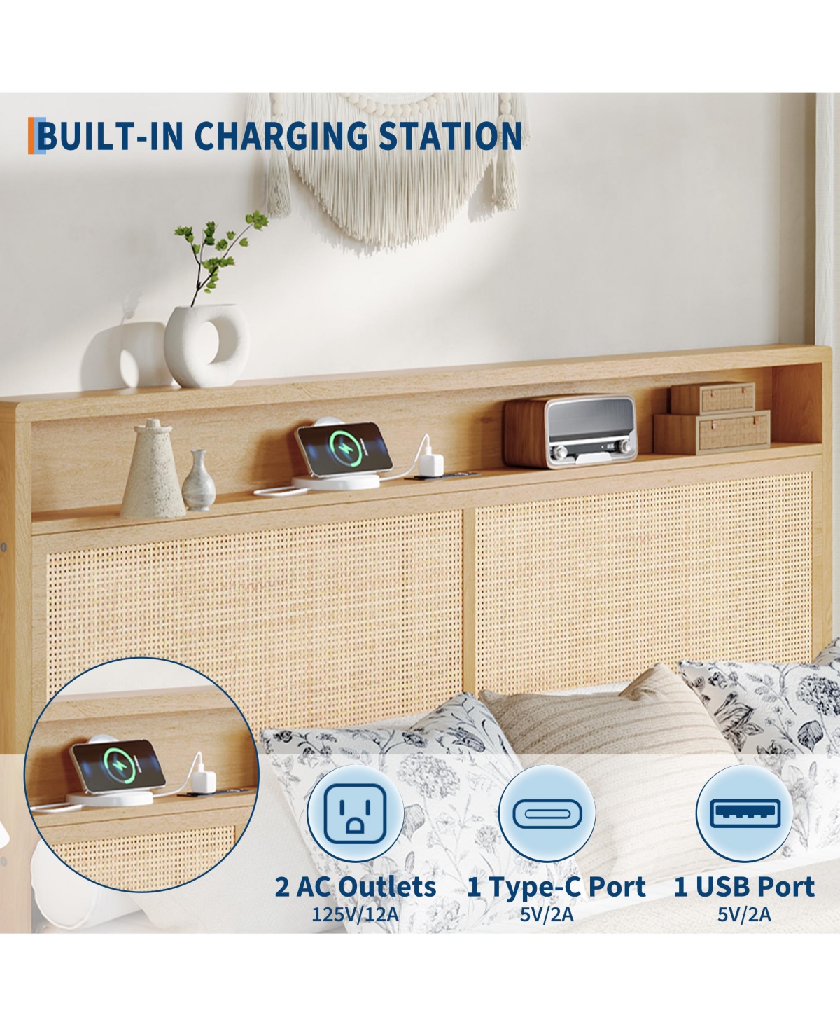 Homfan Rattan Bed Frame with Rgb Led Lights - 2-Tier Storage and Under Bed Storage, Charging Station - Sturdy Wooden Slats, No Box Fresh Needed