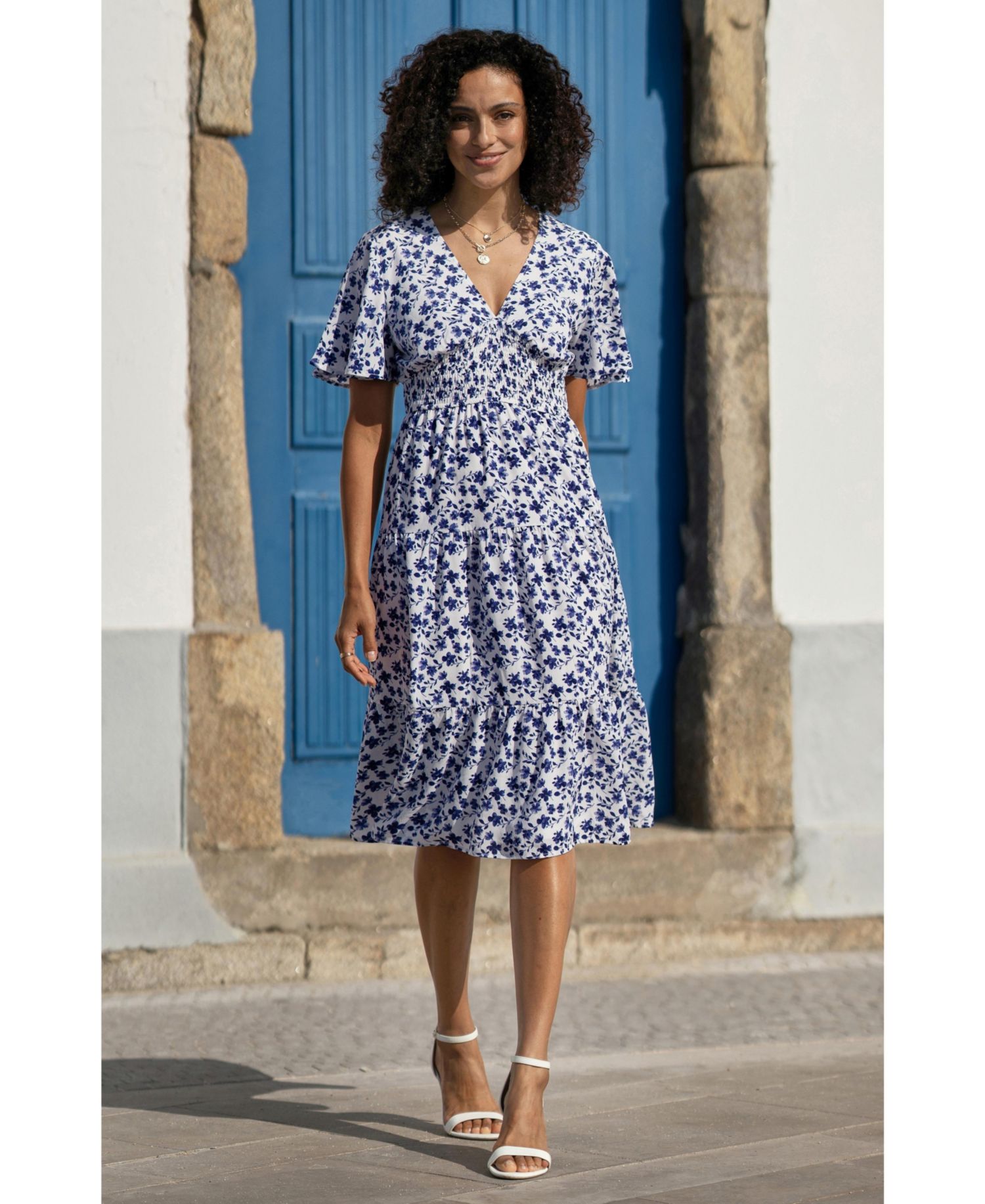 Women's Floral Angel Sleeve Midi Dress