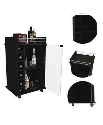 Bar Cart with 2 Shelves, 6 Wine Racks and 4 Casters, Glass Door Home Bar Cart