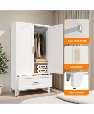 60 Inch Tall Farmhouse Armoire Wardrobe Closet, Clothing Storage Cabinet with 2 Doors, 1 Drawer and Hanging Rod for Bedroom