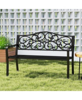 50 Inches Outdoor Cast Iron Metal Patio Bench with Floral Design Backrest and Slatted Seat