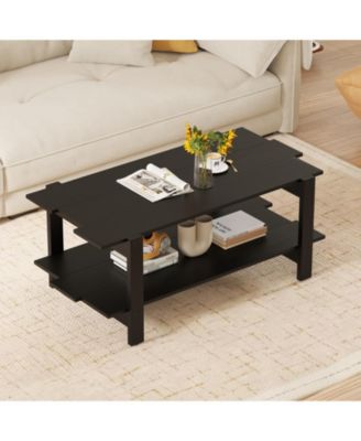 2-Tier Coffee Table Slatted Wood Center Table with Storage Shelf