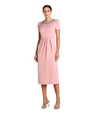 Women's Short Sleeve Rhinestone Neckline Sheath Dress