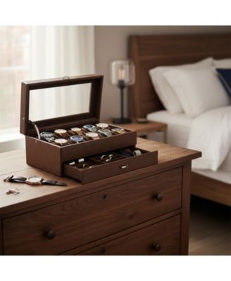 2Layer 12Slot Watch Box PU Leather Removable Pillows Clear Glass Lid Organizer Storage