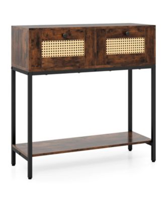 Rattan Entryway Table with 2 Drawers and Open Shelf Storage