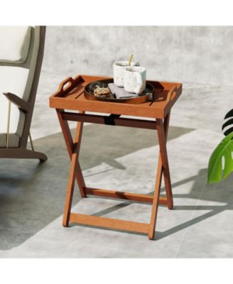 Outdoor Wood Tray Table Portable Side End Table with Folding Frame