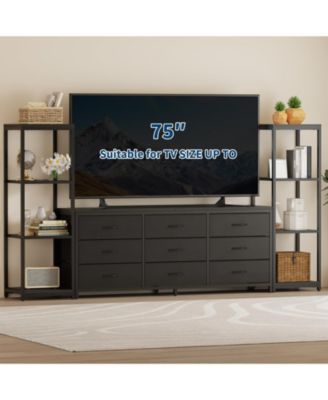 TV Stand Dresser for Up to 75" TV, 9 Fabric Drawers, 2 4-Tier Shelves, Wood Look
