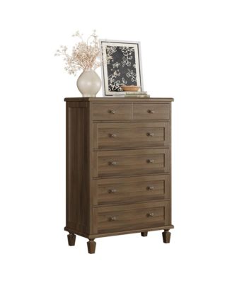 Bedroom 47" Tall 6 Drawer Dresser, Vintage Wood Chest of Drawers with Carved Handles.
