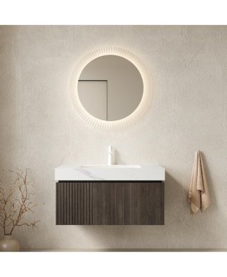 Inch Wall Mounted Bathroom Vanity with Carrara Sintered Stone Top, Ceramic Sink, Soft Close Storage for Modern Bathrooms