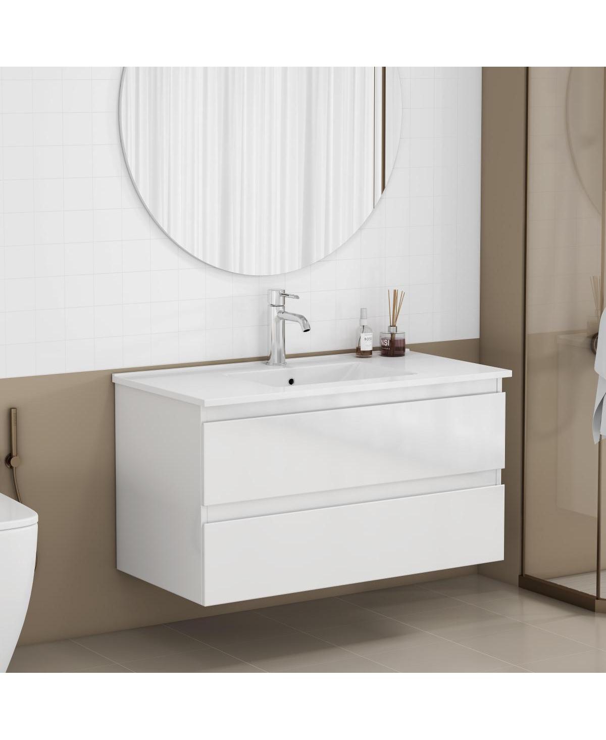 Sillysis Walnut Freestanding Bathroom Vanity with Sintered Stone Top, Ceramic Sink, Soft Close Storage