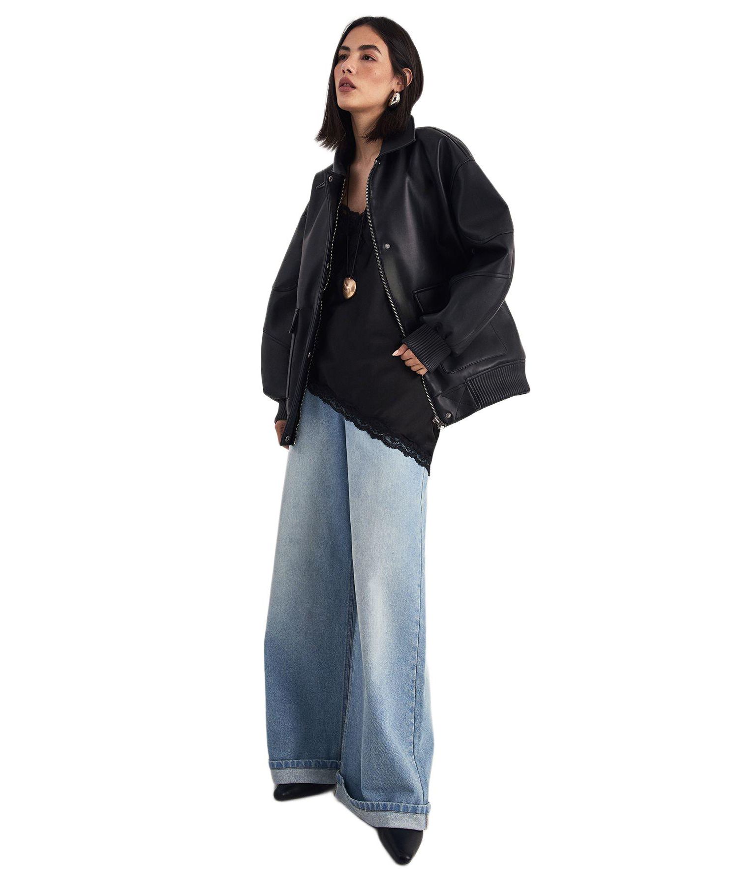 Women's Longline Faux Leather Bomber Jacket