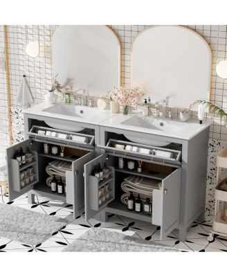 60 Inch Double Sink Bathroom Vanity with Ceramic Sinks, Solid Wood Frame, Flip-Out Drawer and Adjustable Shelf