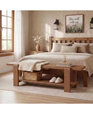 Solid Wood Entryway Bench with Shoe Storage Shelf, 63-Inch Long Farmhouse Entry Shoe Bench, End of Bed Bench