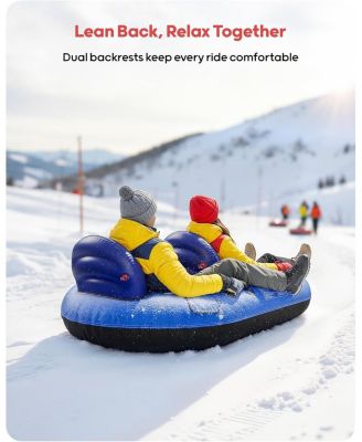 2-Person Inflatable Snow Tube with Dual Backrests and Tow Rope, Heavy Duty Canvas-Covered Blow Up Snow Sled