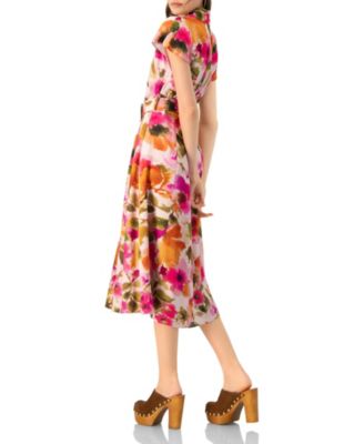 Women's Midi Belted Floral Print Shirt Style Dress