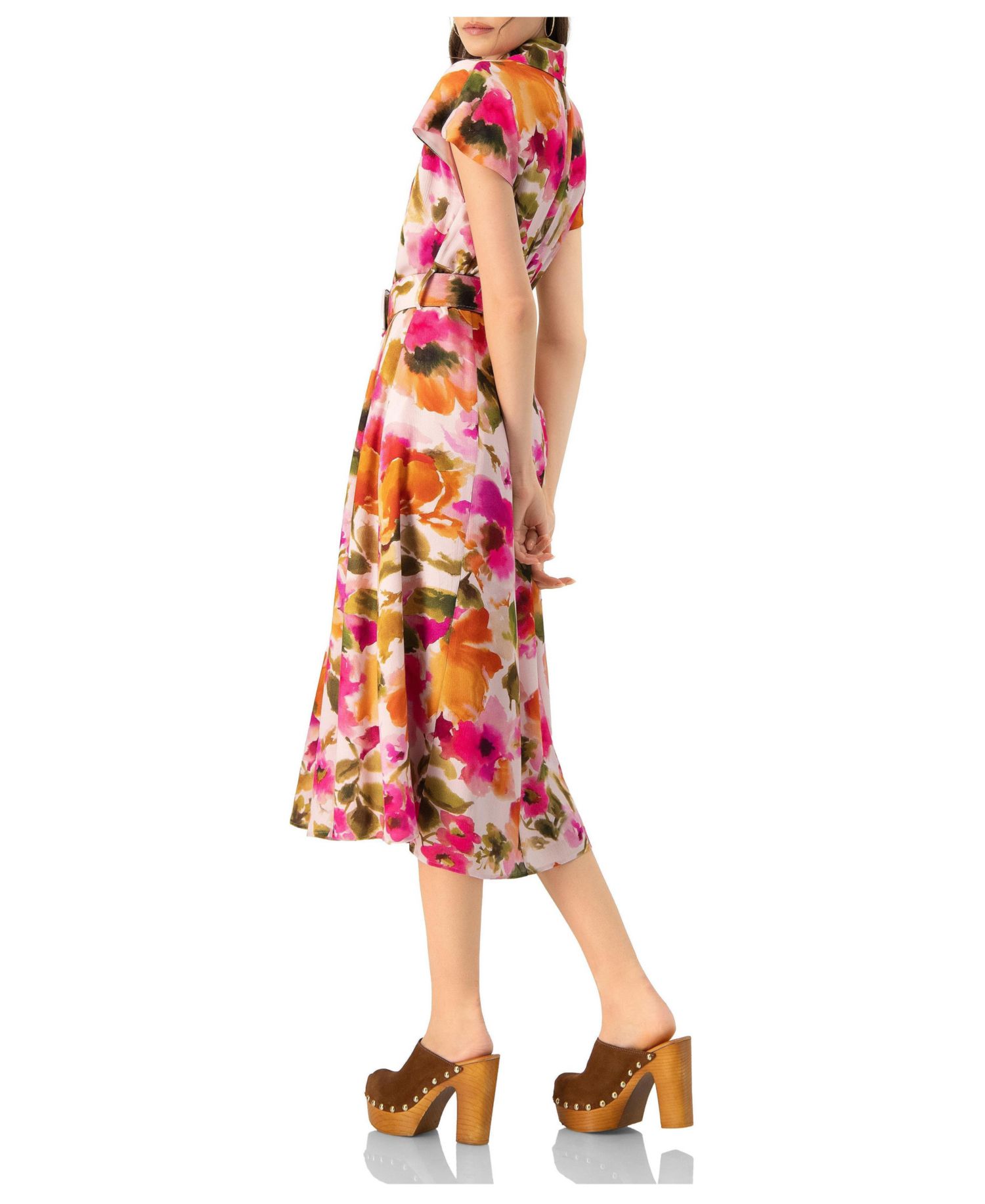 Women's Midi Belted Floral Print Shirt Style Dress