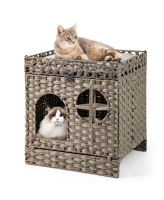 Cat Litter Box Enclosure Foldable 2-Tier Rattan with Mat