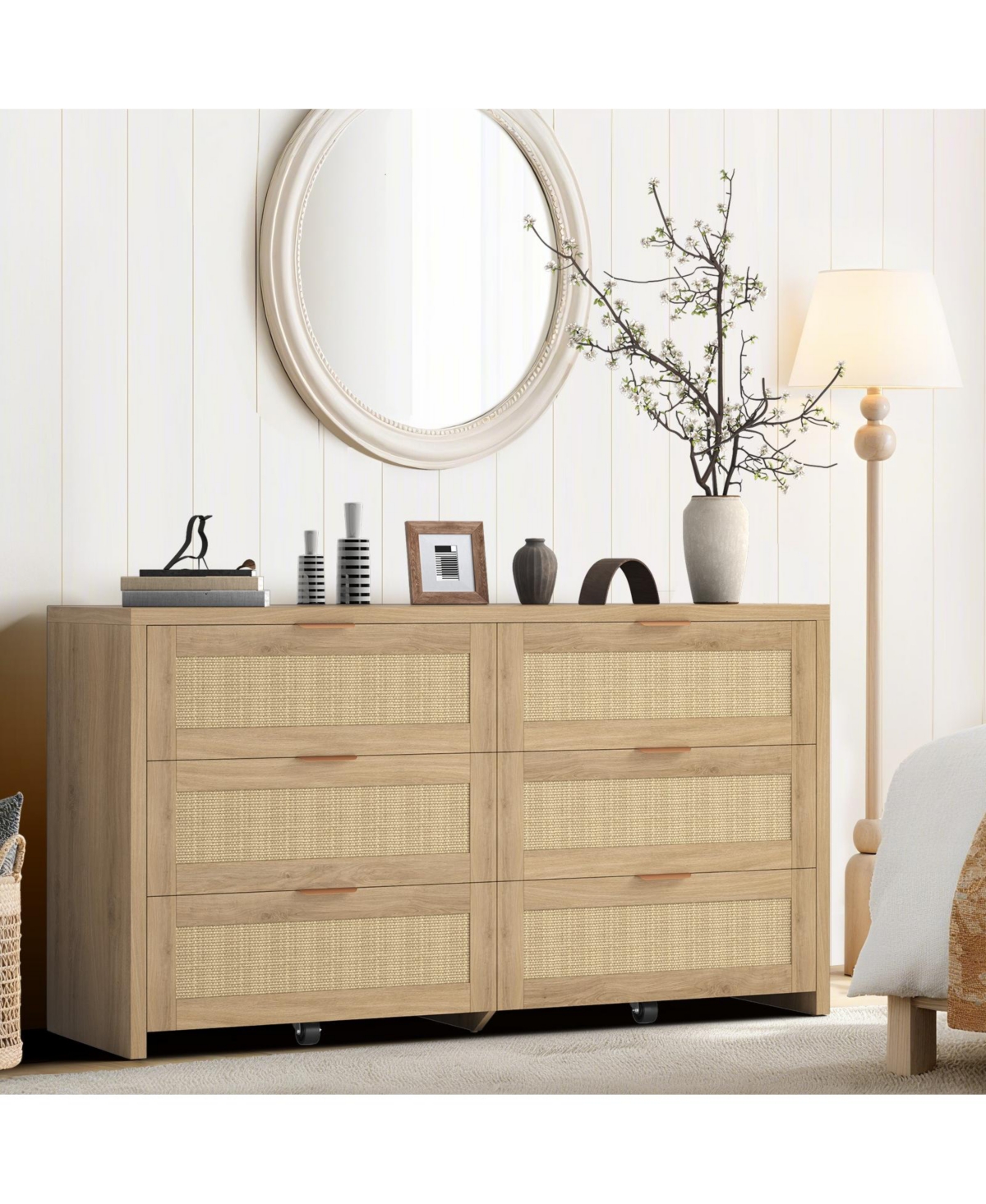 gaomon 56" 6 Drawer Dresser, Rattan Tv Stand with Casters, Boho Storage for Bedroom.