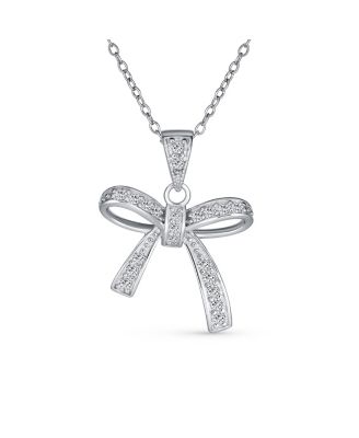 Dainty Cubic Zirconia Pave CZ Station Ribbon Bow Pendant Necklace