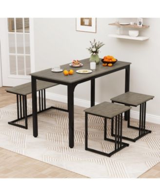 4 Pieces Space-Saving Dining Table Set with Bench and 2 Stools-Oak