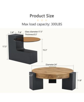 Modern 2-Tier Coffee Table, Round Wooden Top with Black Block Legs and Glass Side Table for Living Room, Apartment