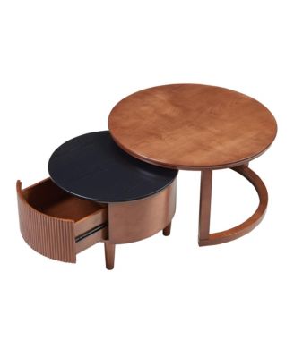 Round Nesting Coffee Table Set with Two Tone Wood and Storage Drawer