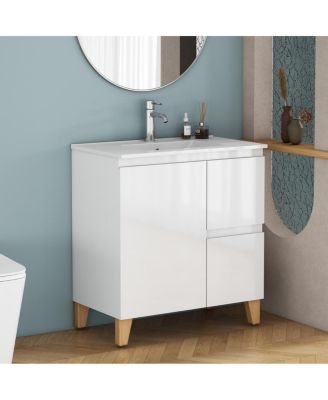 Inch Bathroom Vanity with Sink, Glossy Storage Cabinet, Soft Close Drawer, Solid Wood Legs for Modern Bathrooms