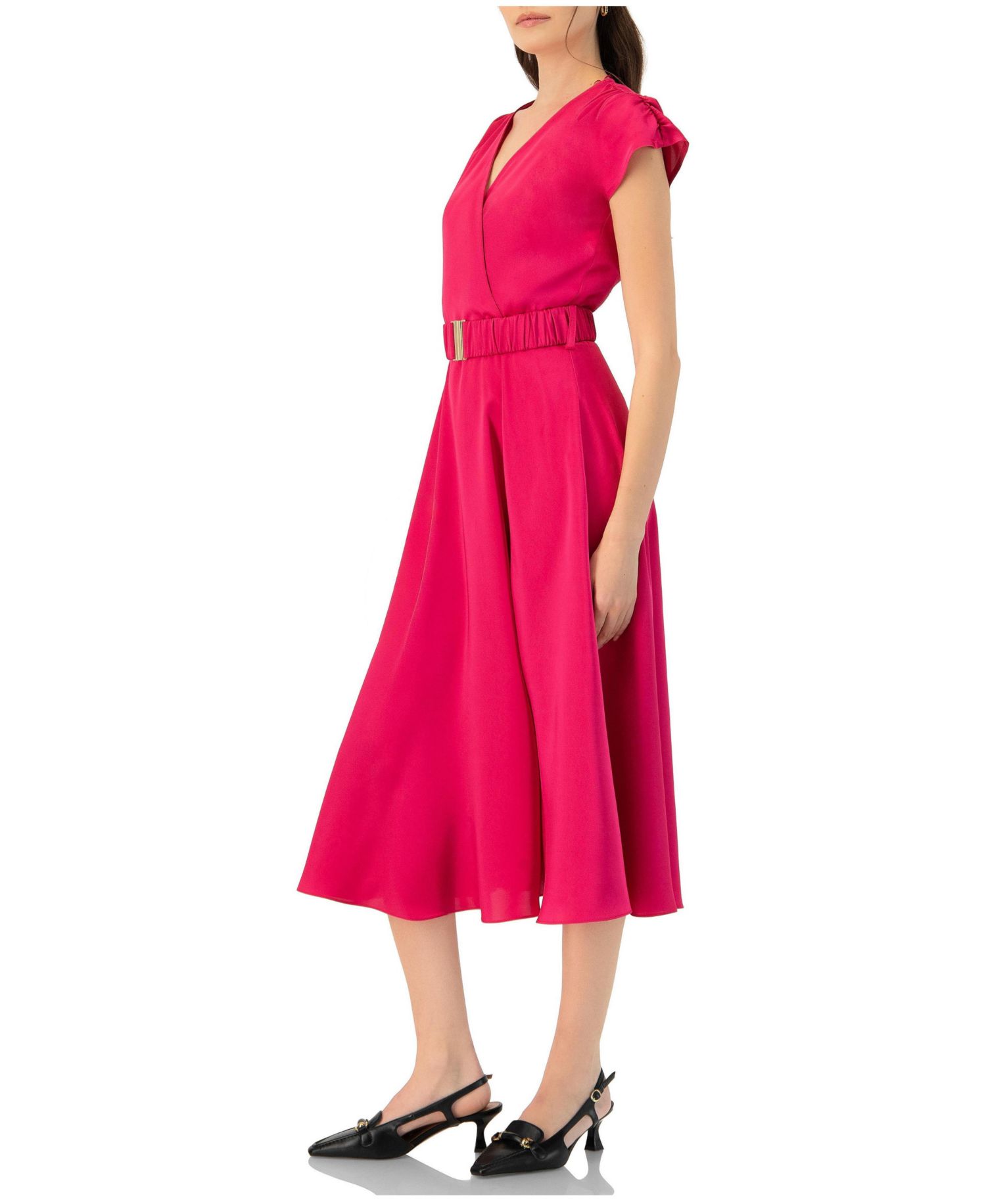 Women's Sleeveless Midi Satin Dress with Belt